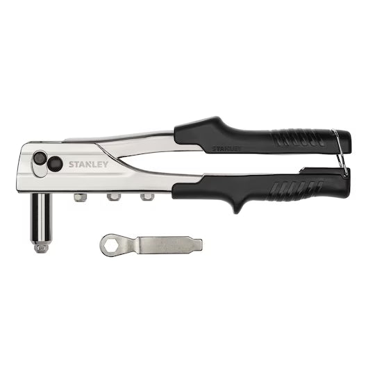 The STANLEY 10 in Right Angle Riveter features black handles, three interchangeable nozzles, and includes a small wrench stored below the tool.